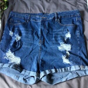 SHEIN Blue Distressed Rolled-Cuff Jean Shorts
